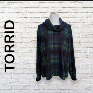 Torrid Blue and Green Plaid Cowl Neck Top